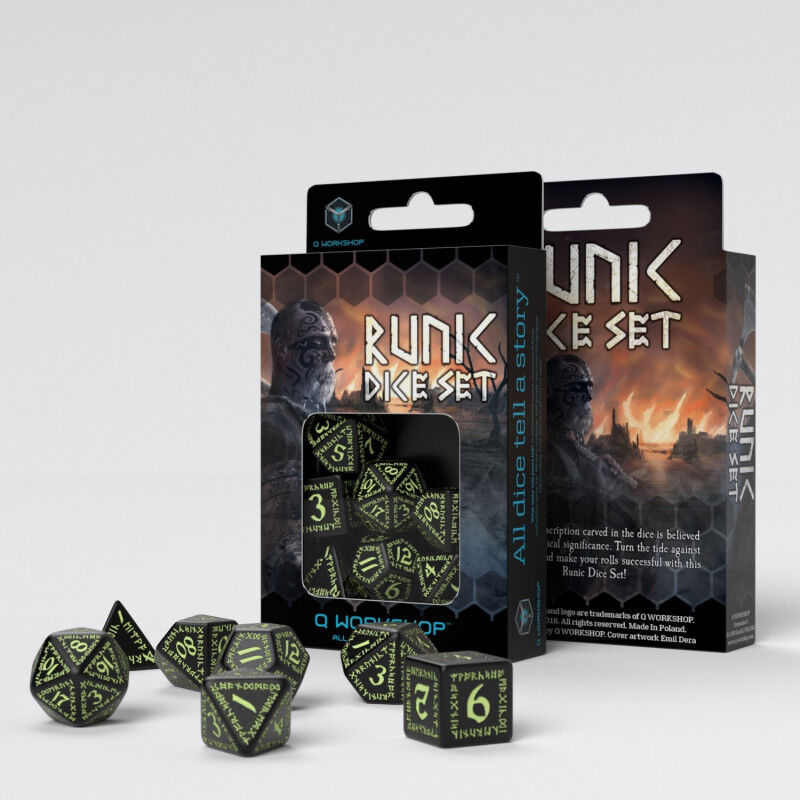 Q Workshop | Black & Glow-In-The-Dark | Runic Dice Set