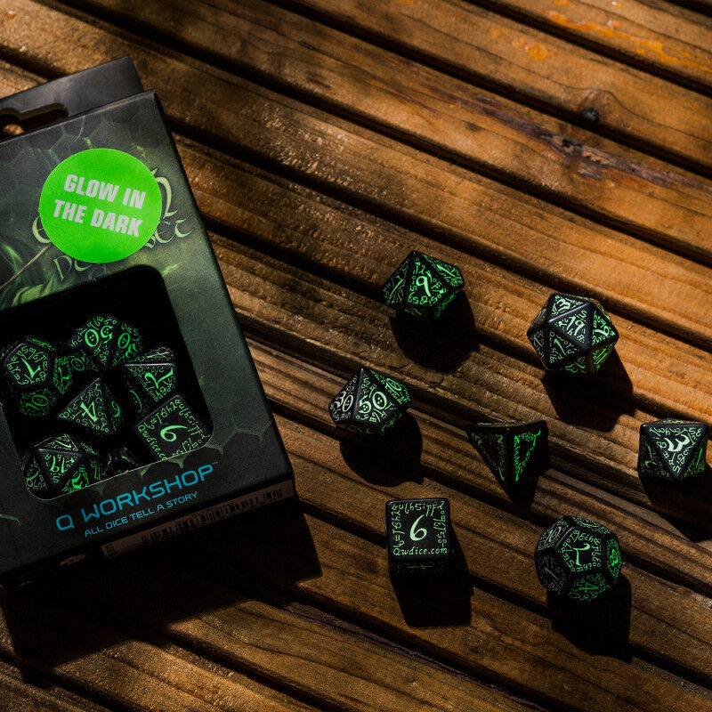 Q Workshop | Black & Glow-In-The-Dark | Elvish Dice Set