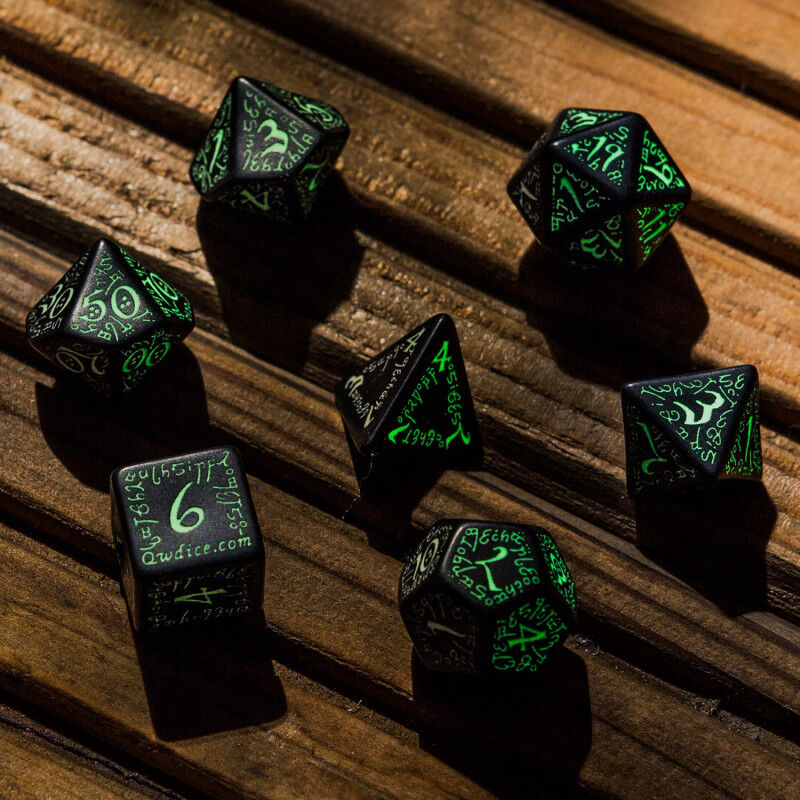Q Workshop | Black & Glow-In-The-Dark | Elvish Dice Set
