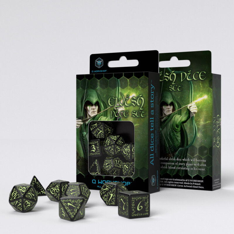 Q Workshop | Black & Glow-In-The-Dark | Elvish Dice Set