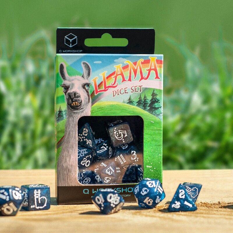 Q Workshop | Glittering Dark Blue & White | Shimmering Llama Dice Set