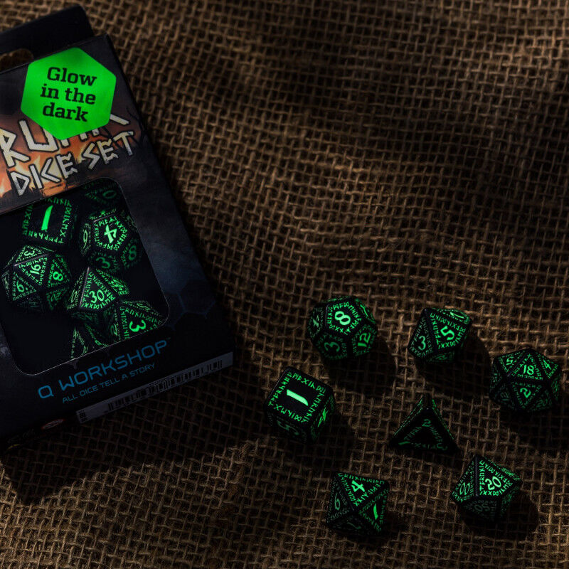 Q Workshop | Black & Glow-In-The-Dark | Runic Dice Set