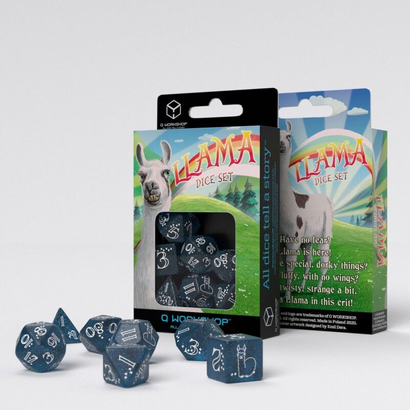 Q Workshop | Glittering Dark Blue & White | Shimmering Llama Dice Set